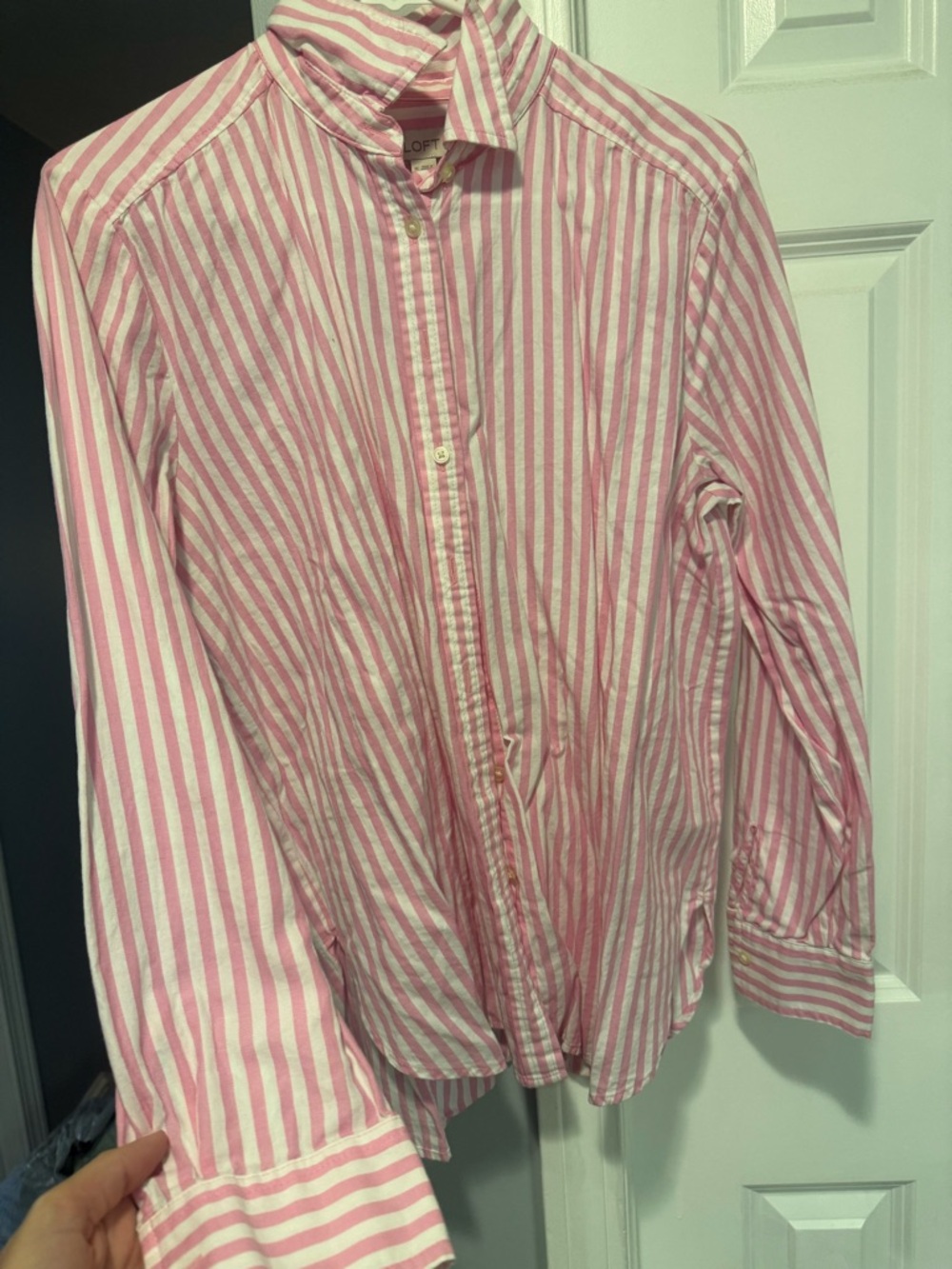 LOFT Pink and White Vertical Stripe Button-Down Shirt